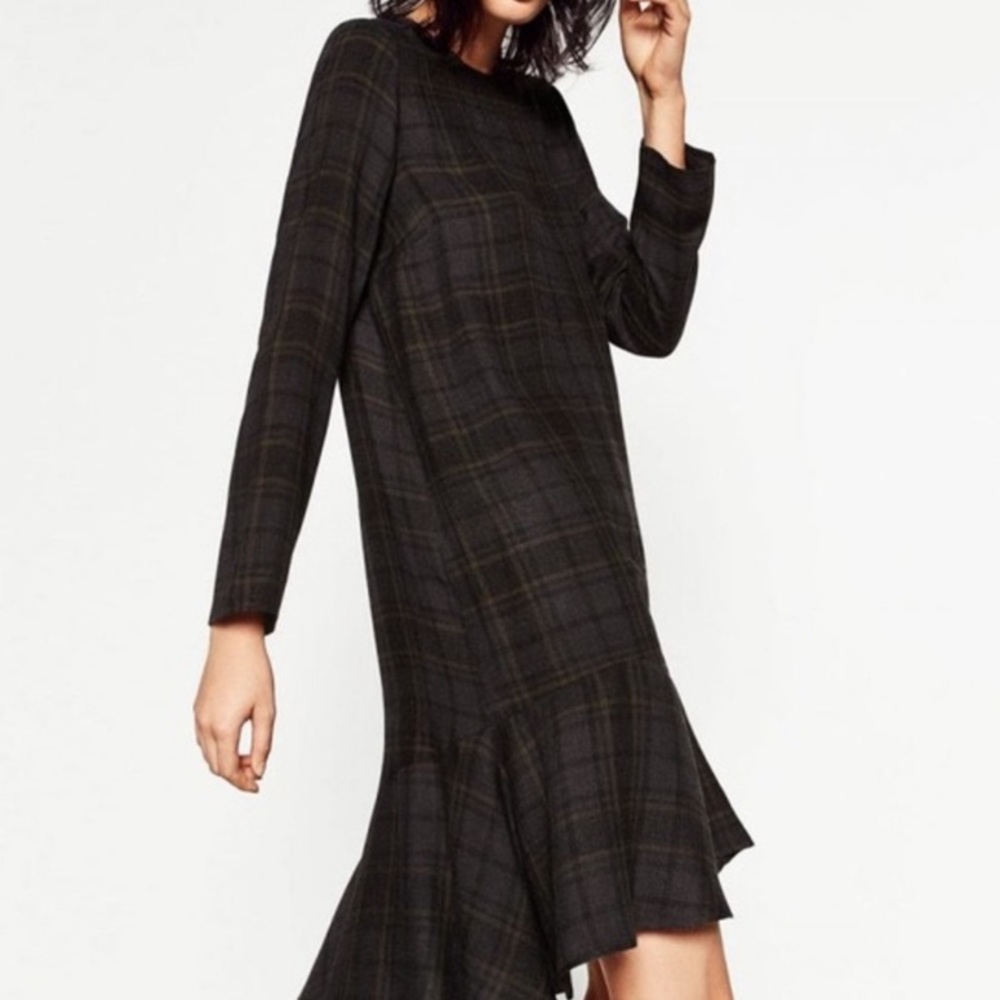 Zara Dark Plaid Midi Dress in Black and Olive